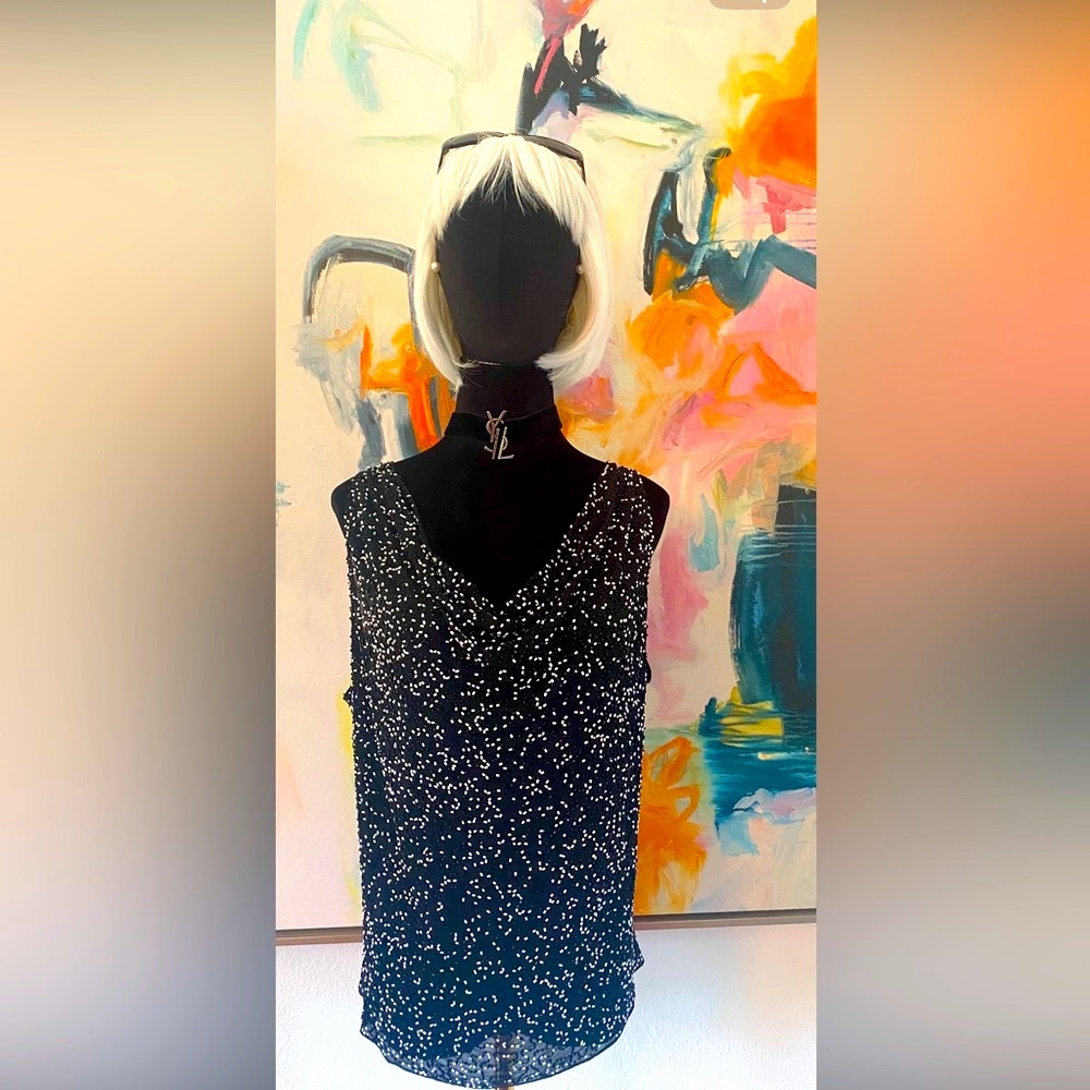 Alice & Olivia beaded tank / top / blouse 100% silk black / white.